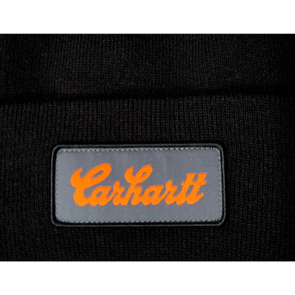 Carhartt Hat Beanie Fitted Mens One Size Black Knit Cuff Patch Logo Workwear - Picture 3 of 5